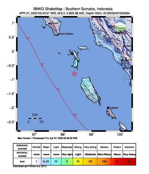 Gempa Bumi Tektonik M52 Guncang Pantai Barat Sumatera Kep. Mentawai, Tidak Berpotensi Tsunami