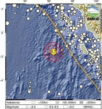 Gempa Bumi 5,7 SR Guncang Barat Daya Sumatera