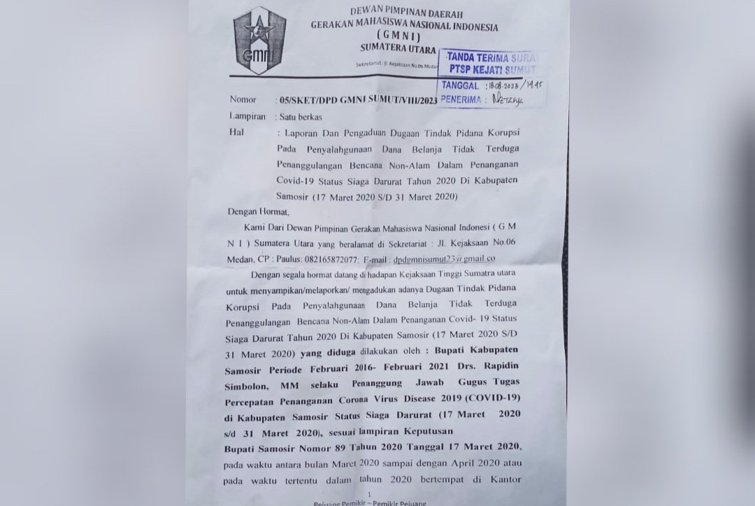 GMNI Sumut Laporkan Rapidin Simbolon ke Kejatisu Kasus Dugaan Korupsi Dana Covid-19