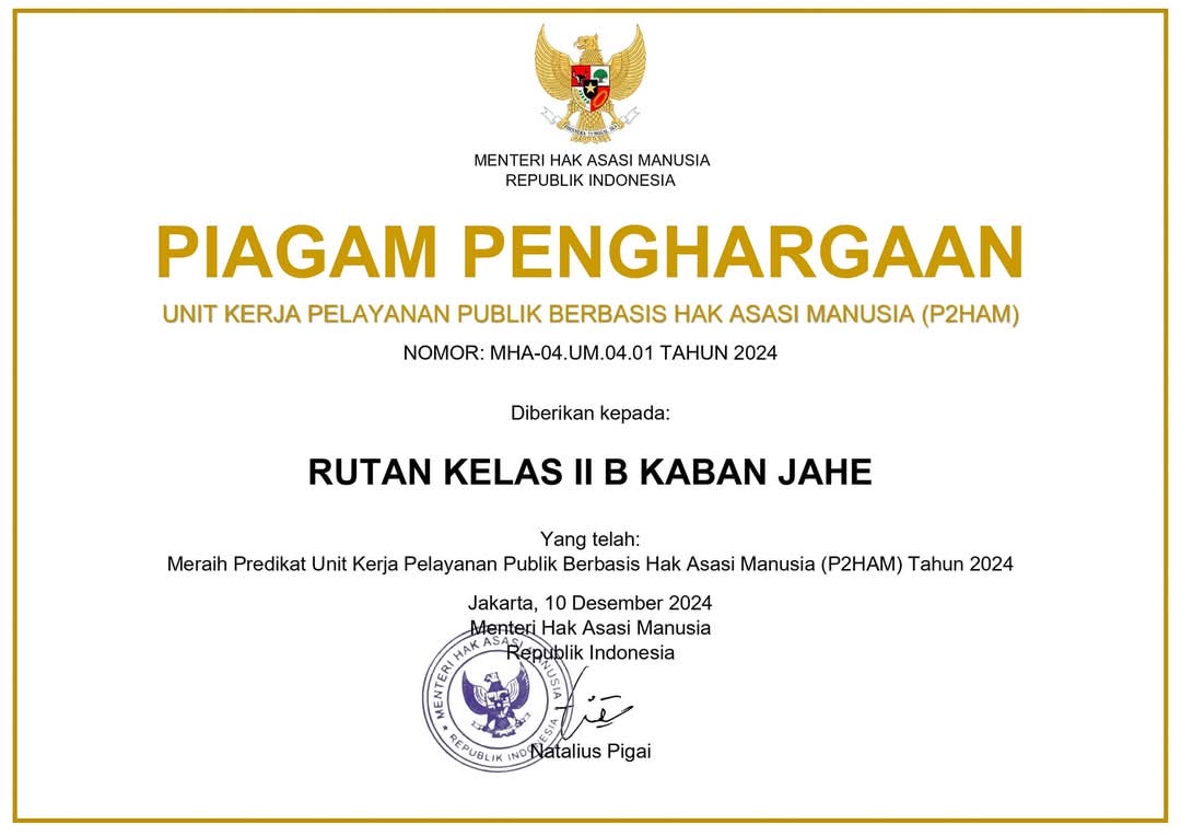 Rutan Kabanjahe Raih Penghargaan Unit Pelayanan Berbasis Hak Asasi Manusia