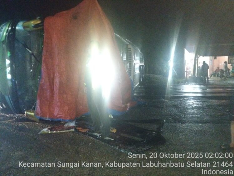 Bus ALS Seruduk Warung Hingga Terbalik, 5 Terluka