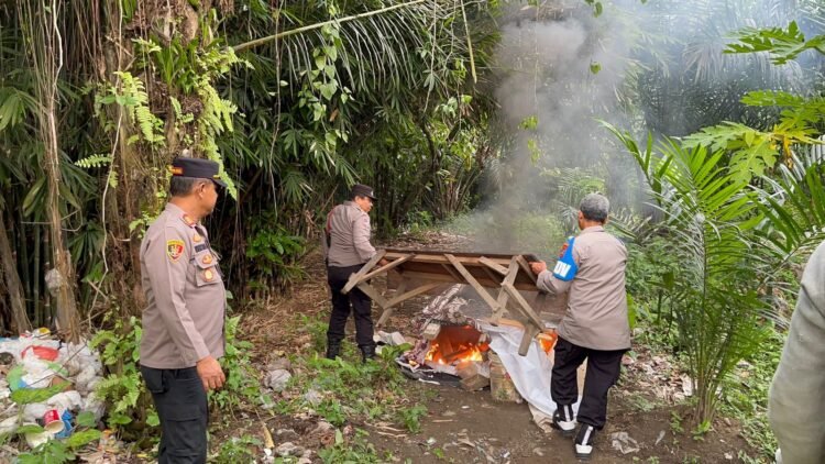 Gelar GSN, Polsek Kutalimbaru Bongkar dan Bakar Gubuk di Desa Sei Mencirim