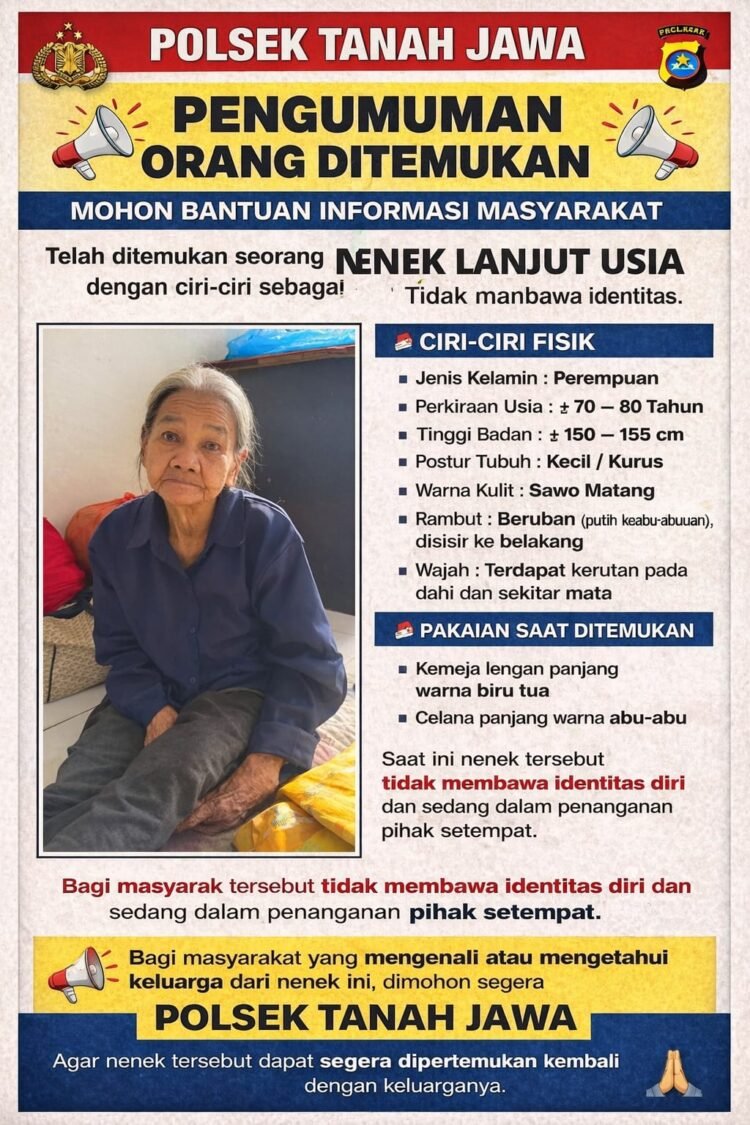 Nenek Tanpa Identitas Ditemukan di Wilayah Tanah Jawa, Polisi Imbau Warga Bantu Temukan Keluarga