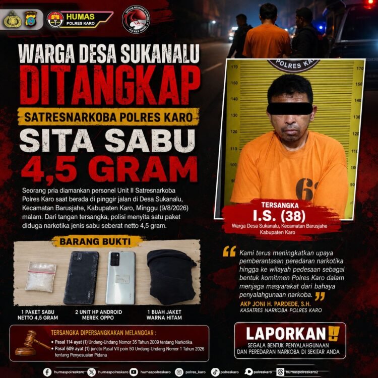 Warga Desa Sukanalu Ditangkap, Satresnarkoba Polres Karo Sita Sabu 4,5 Gram di Pinggir Jalan